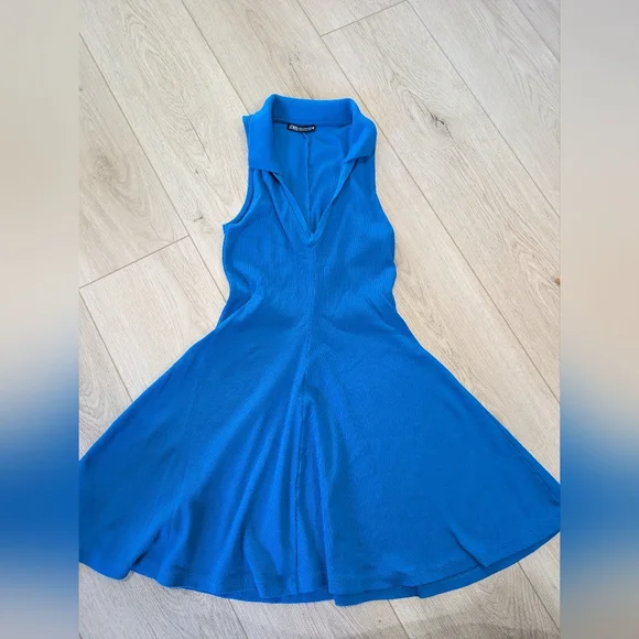 Zara cobalt blue collared V-neck ribbed sleeveless fit and flare mini dress - Picture 2 of 8